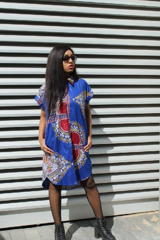 African Shirt Dress in Blue Dashiki Print - Festival Dress