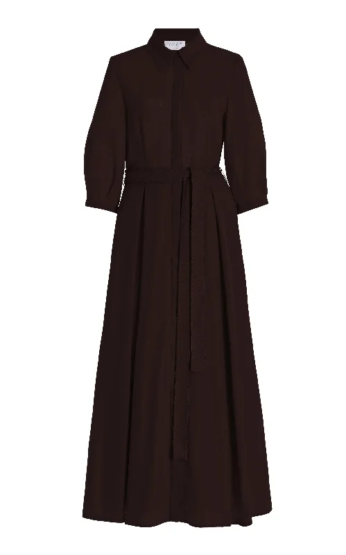 Andy Pleated Maxi Shirtdress in Chocolate Virgin Wool