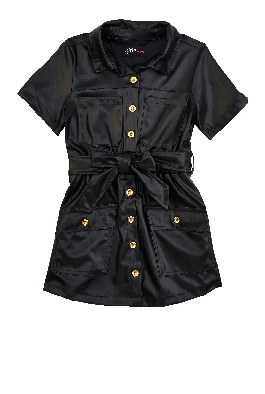 Toddler Girls Faux Leather Belted Shirt Dress