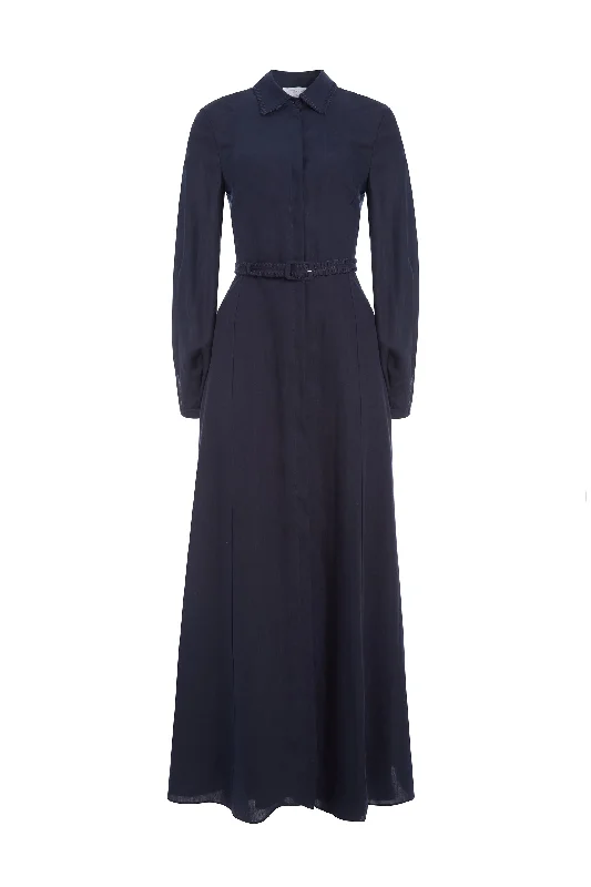 Breton Maxi Shirtdress with Slip in Navy Aloe Linen