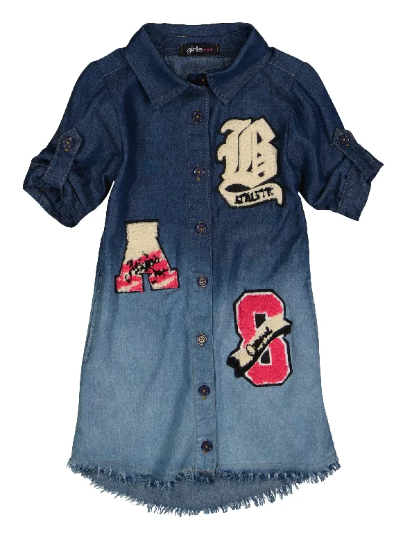 Toddler Girls Denim Varsity Patch Button Front Shirt Dress