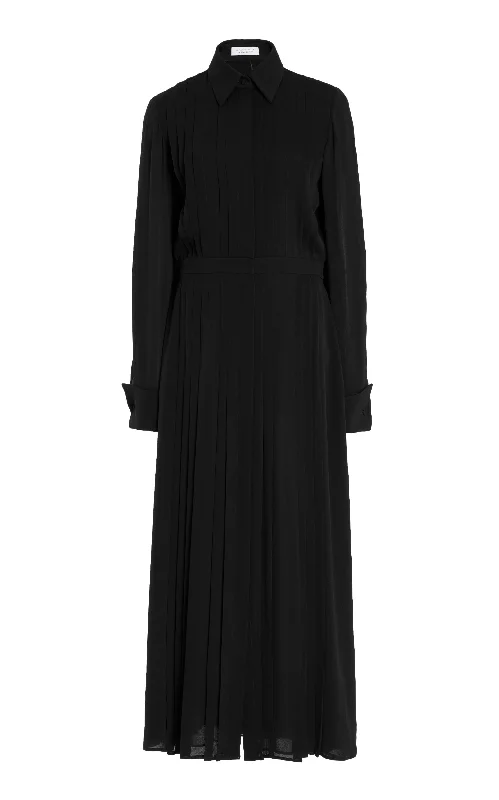 Delphine Maxi Shirtdress in Black Silk Georgette Twill