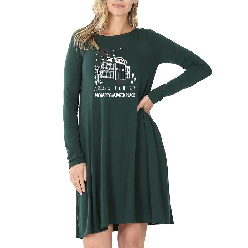 Happy Haunted Place Long Sleeve Tunic Dress with Pockets in Hunter Green