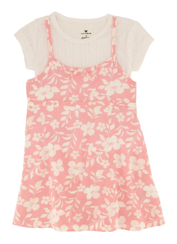 Toddler Girls Floral Print Cami Dress with Textured Short Sleeve Top