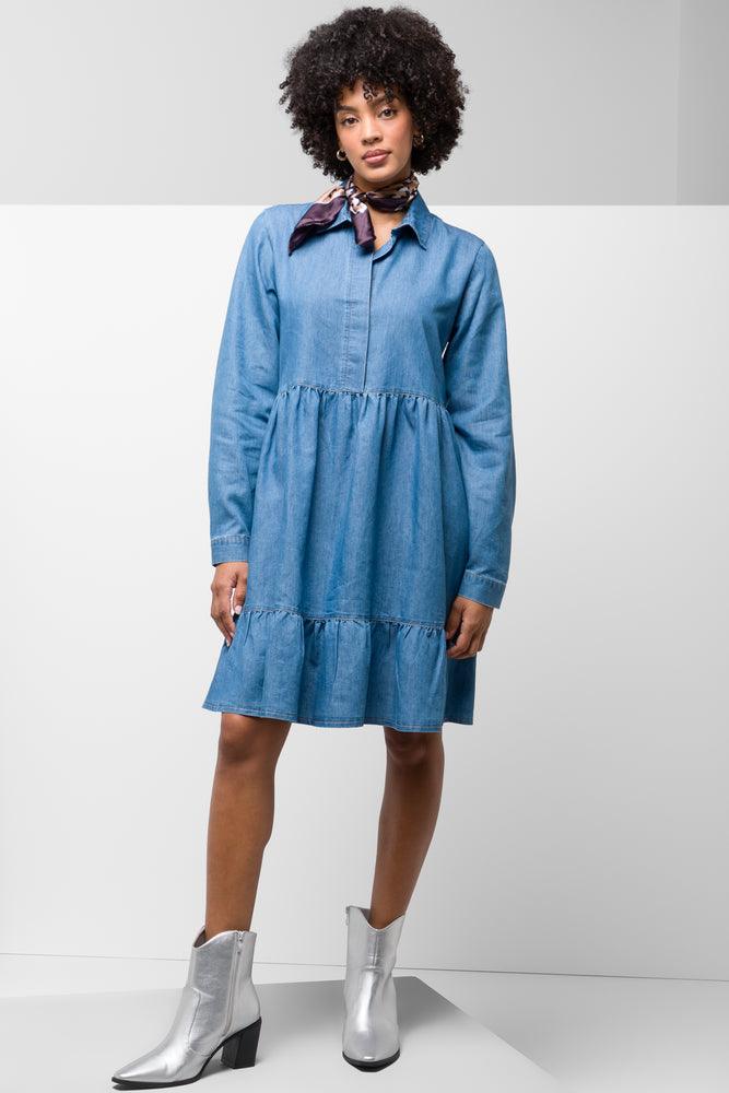 Tiered Denim Shirt Dress Blue