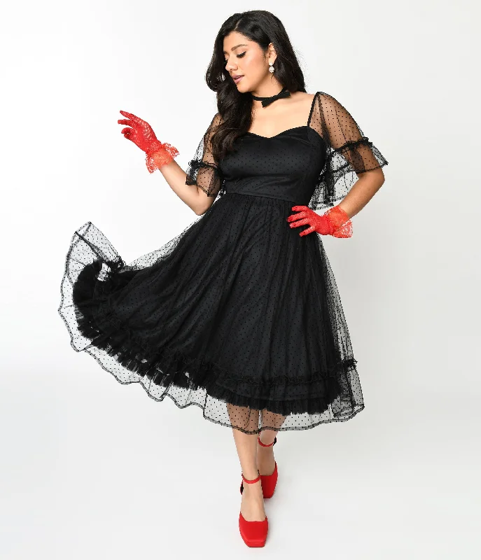 Unique Vintage 1950s Black Ruffle Sweetheart Swing Dress