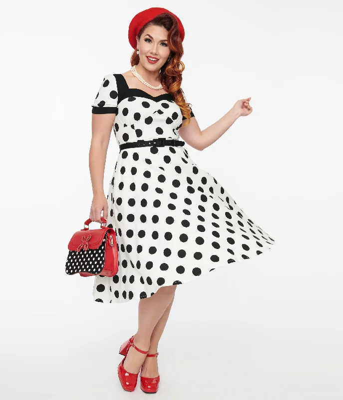 Unique Vintage 1950s White & Black Polka Dot Swing Dress