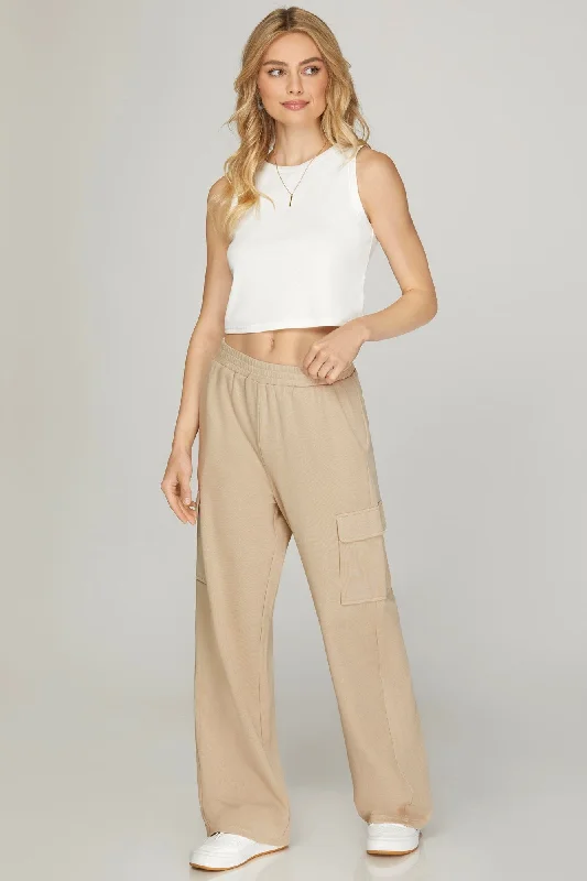 Knit Cargo Pants With Pockets And Waist Elastic