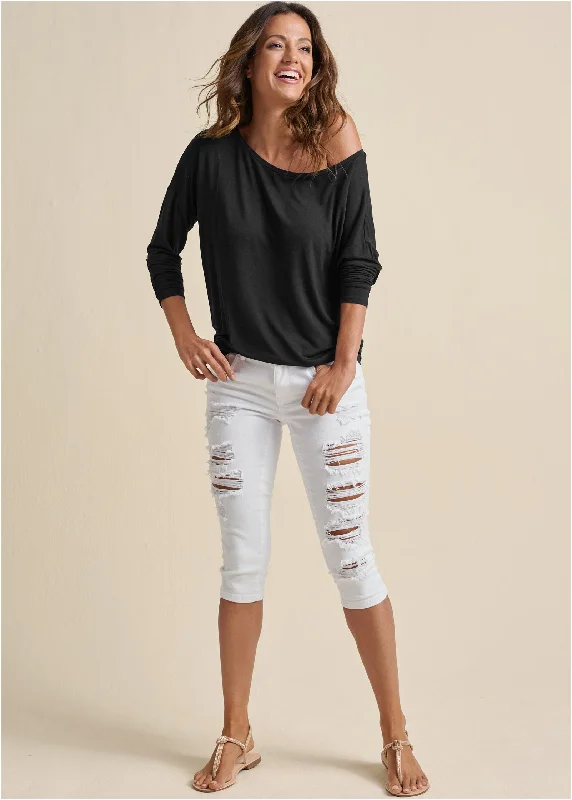 Ripped Jean Capris - White