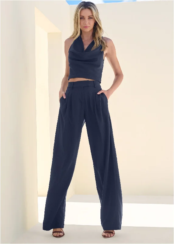 Cowl Neck Top And Pant Set - Navy