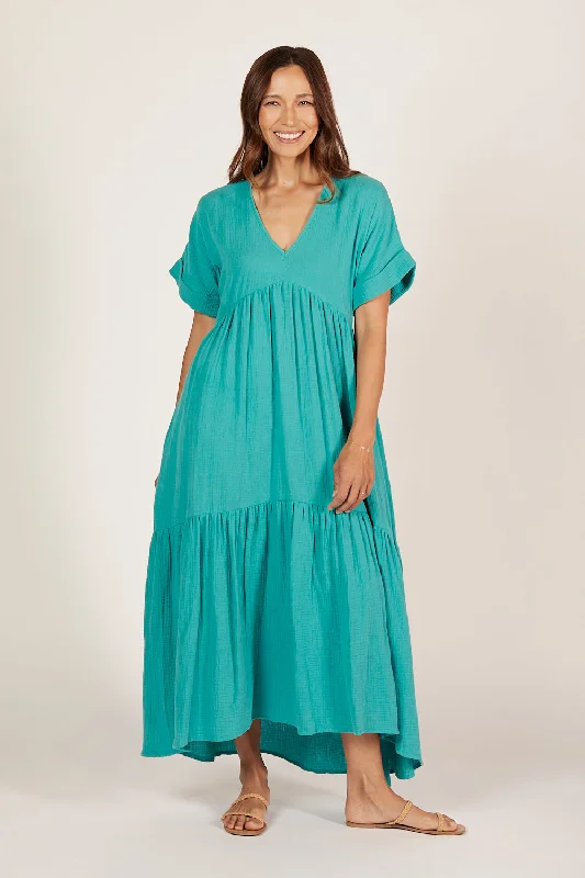 Adriana Crinkle Cotton V-Neck Dress in Peacock Parade