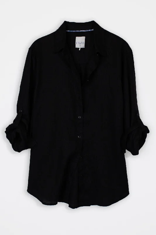 Black No Pocket Boyfriend Linen Shirt