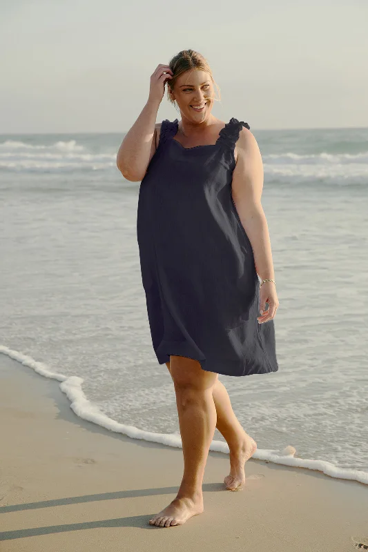 Claire Short Linen Dress in Navy