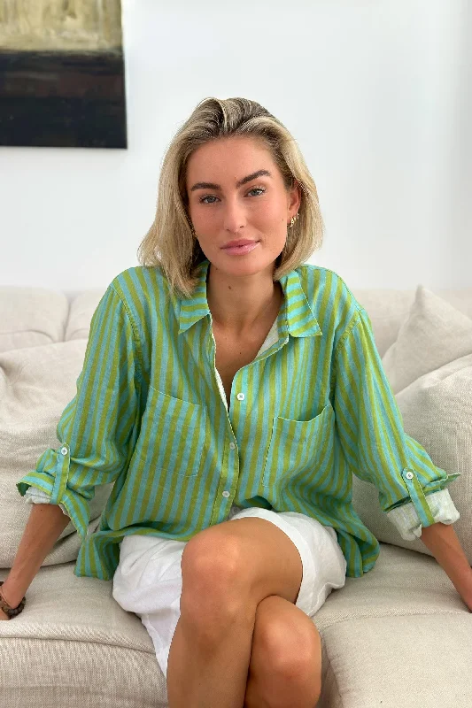 Key Lime Stripe Boyfriend Linen Shirt