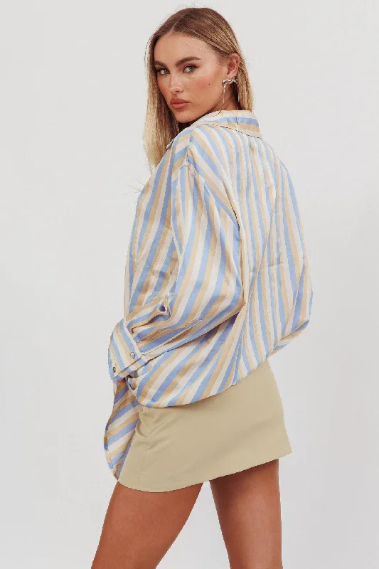 Like The Movies Striped Satin Shirt Light Blue