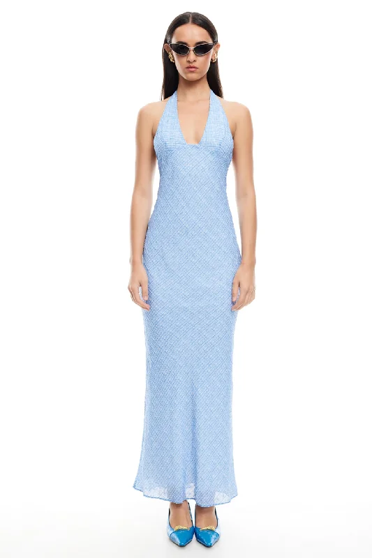 LIONESS Carrie Halter Dress Blue Check