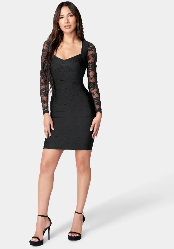 Long Sleeve Lace & Bandage Dress