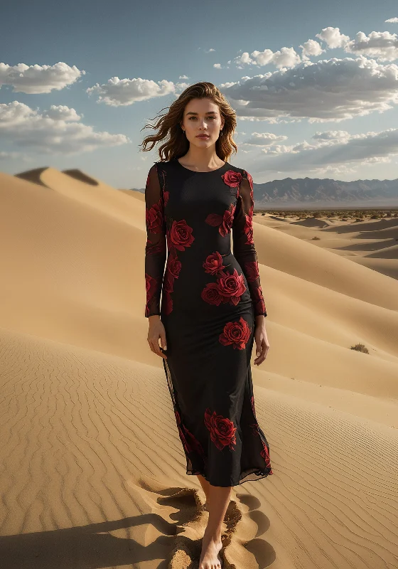 Long Sleeve Printed Powermesh Maxi