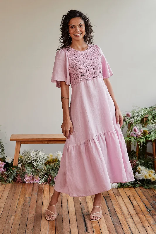 Minden Linen Shirred Dress in Peony