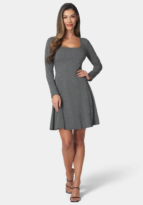 Rib Long Sleeve Godet Dress