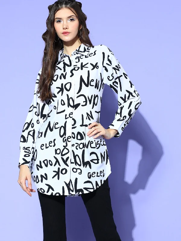 Berrylush Women White & Black Typography Printed Spread Collar Neck Curved Hem Longline Shirt