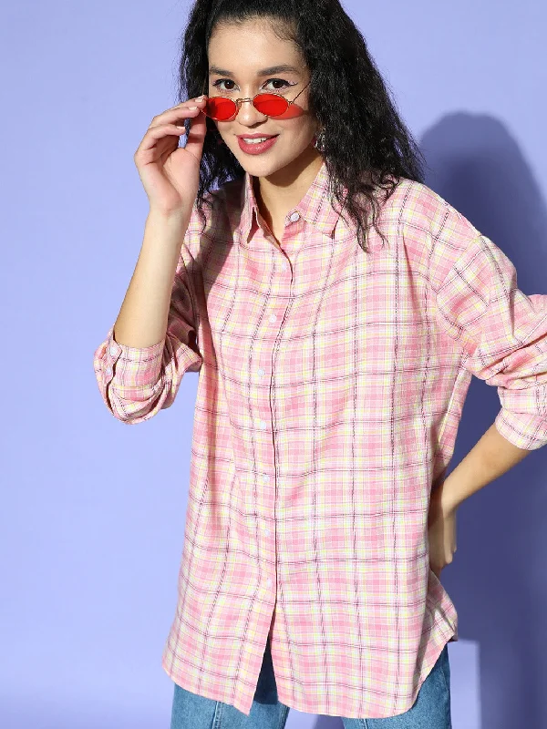 Berrylush Women Pink & White Tartan Checked Pattern Spread Collar Neck Button-Up Cotton Curved Hem Longline Shirt