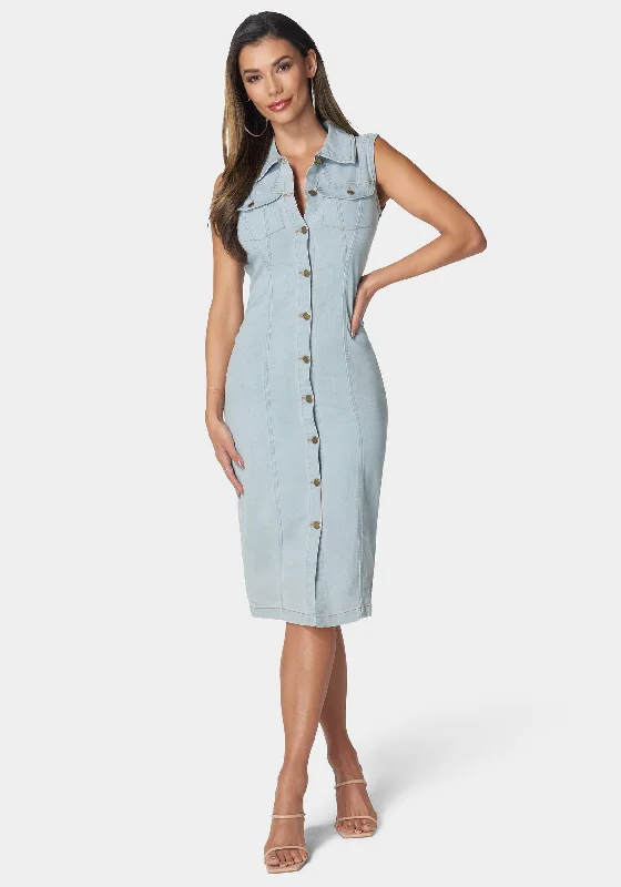 Sleeveless Front Button Denim Dress