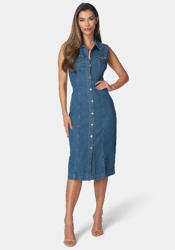 Sleeveless Front Button Denim Dress