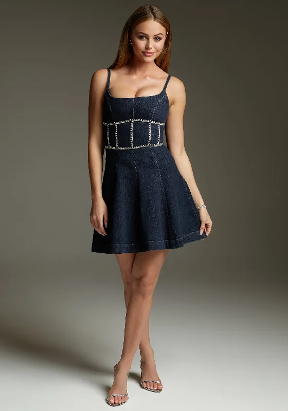 bebe Fit & Flare Denim Dress Embellished With Crystals by Swarovski