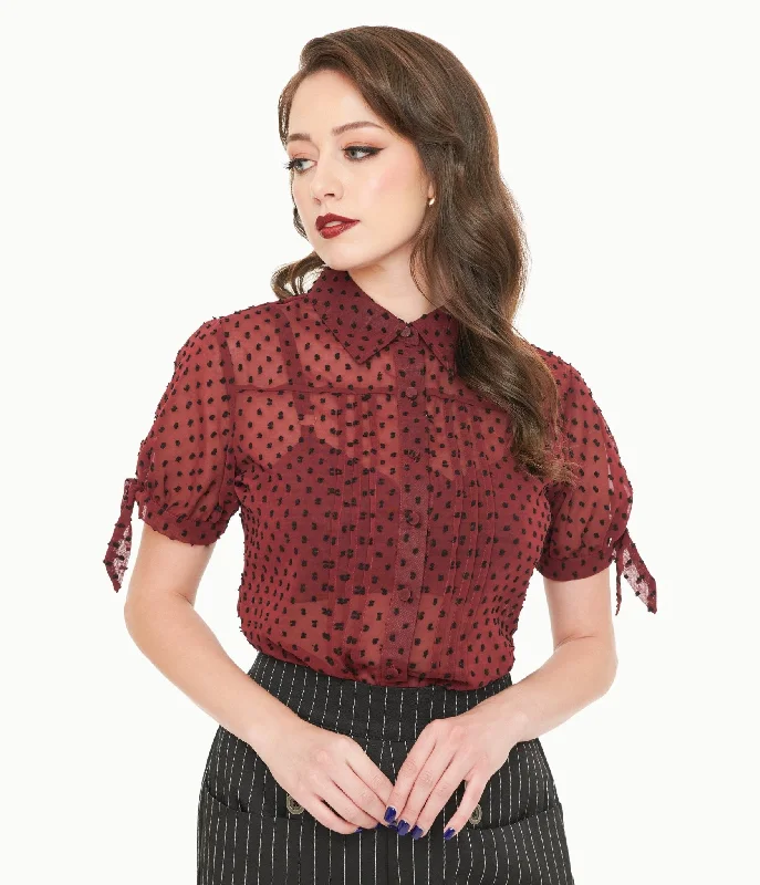 Unique Vintage 1950s Burgundy & Black Clip Dot Tie Cuff Blouse