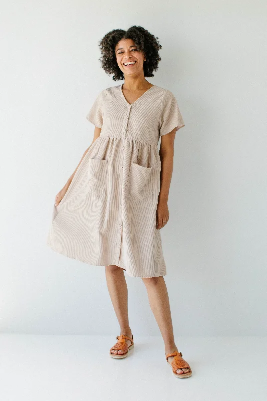 'Adana' V-Neck Button Down Corduroy Midi Dress in Beige