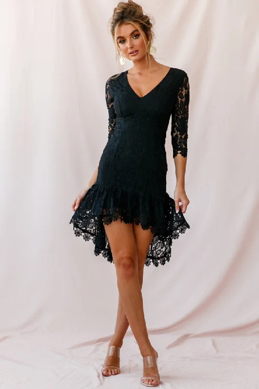 Aurora Lace High-Low Hem Dress Black