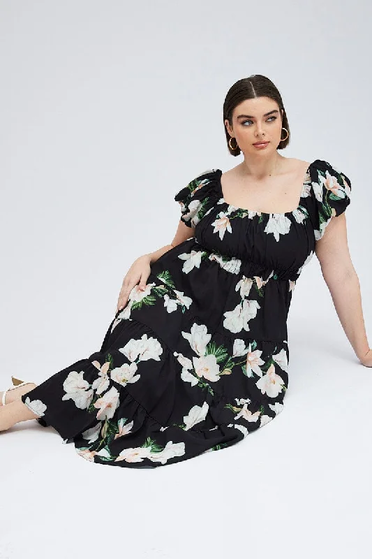 Black Floral Midi Dress Short Sleeve Tiered Ruched