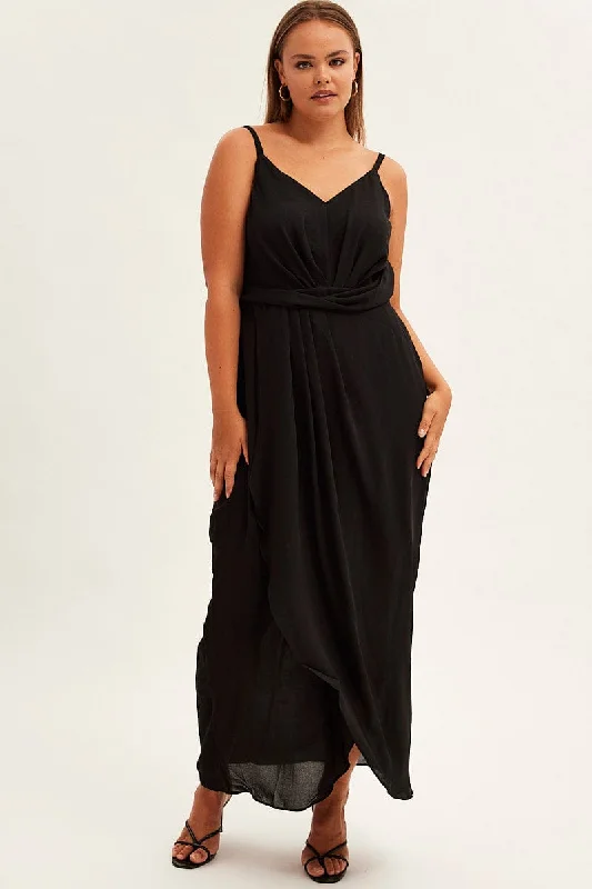 Black Midi Dress Strappy Sleeveless Chiffon Draped