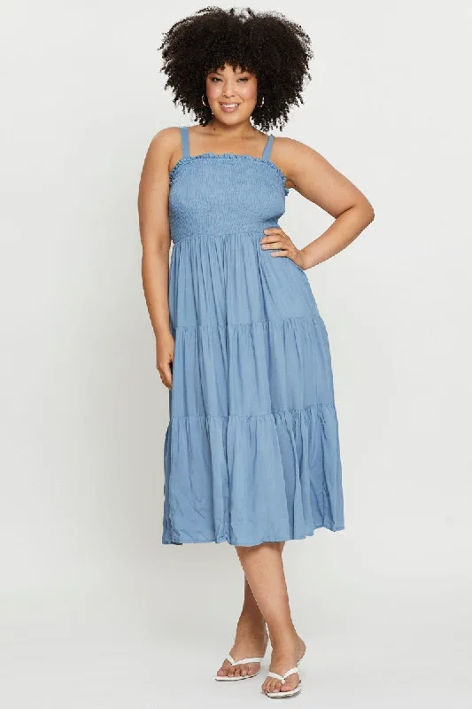 Blue Midi Dress Square Neck Sleeveless