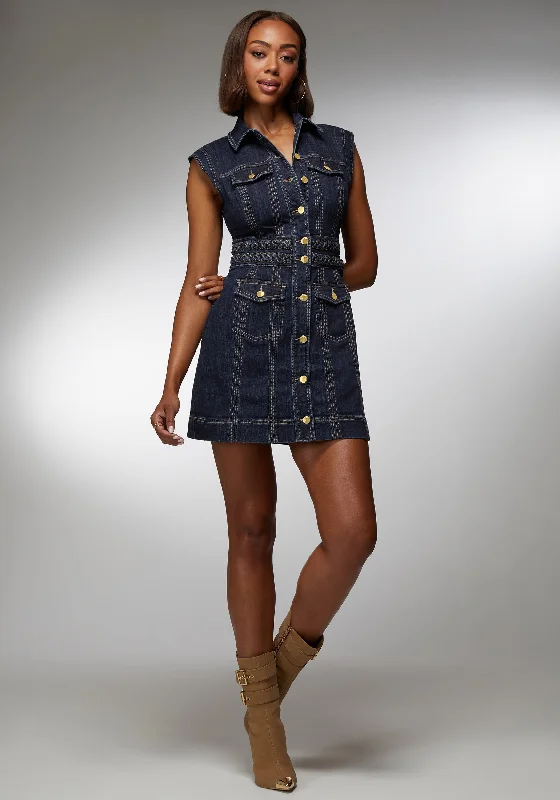 Button Front Braided Waist Denim Dress