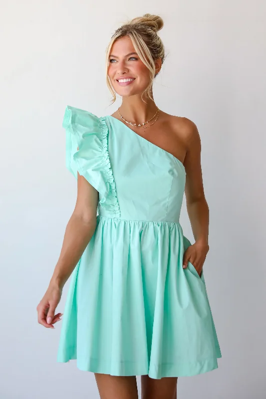 FINAL SALE - Charming Glamour Mint One-Shoulder Mini Dress