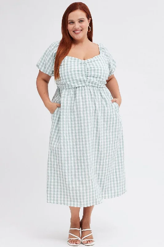 Check Midi Dress Ruched Bodice Gingham Puff Sleeve