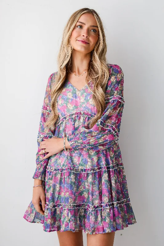 FINAL SALE - Delicate Excellence Magenta Floral Tiered Mini Dress