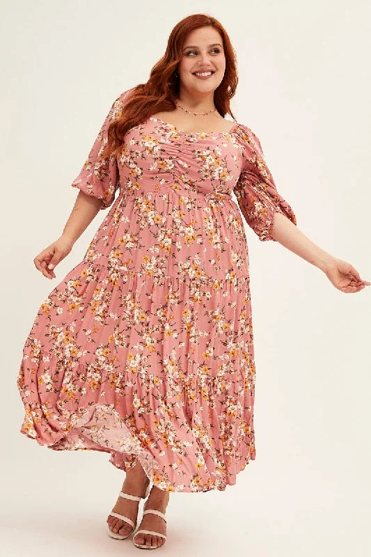 Ditsy Print Short Puff Sleeve Pink Ditsy Rayon Midi Dress