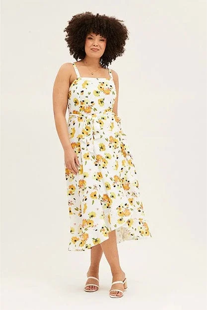 Floral Print Sleeveless Ruffle Midi Dress