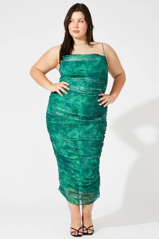 Green Abstract Ruched Mesh Midi Dress