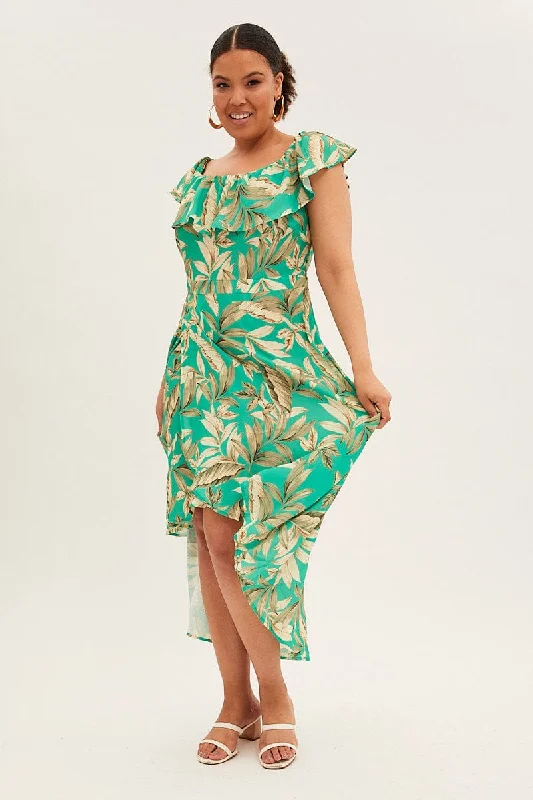 Green Floral Maxi Dress Off Shoulder Crepe