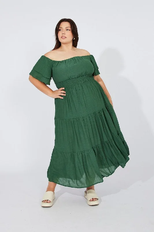 Green Off Shoulder Layer Midi Dress