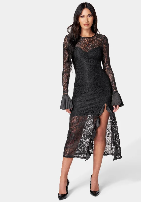 High Slit Bell Sleeve Lace Dress