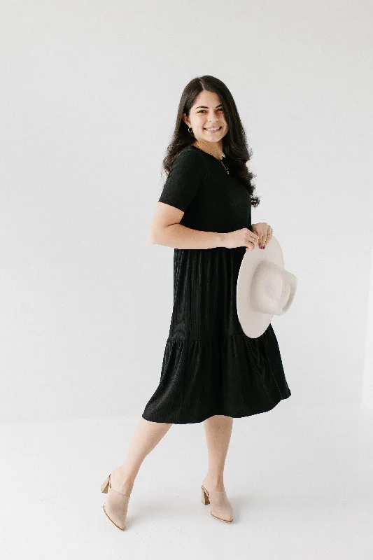 'Josie' Ribbed Tiered Midi Dress in Black