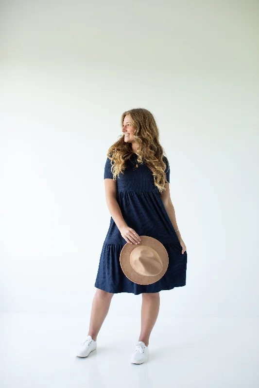 'Josie' Ribbed Tiered Midi Dress in Navy