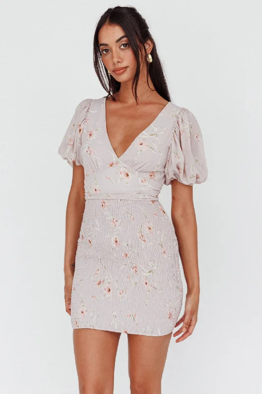 La Nena Shirred Mini Dress Floral Blush