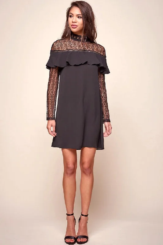 Mendes Lace Detailed High Neck Long Sleeved Dress Black