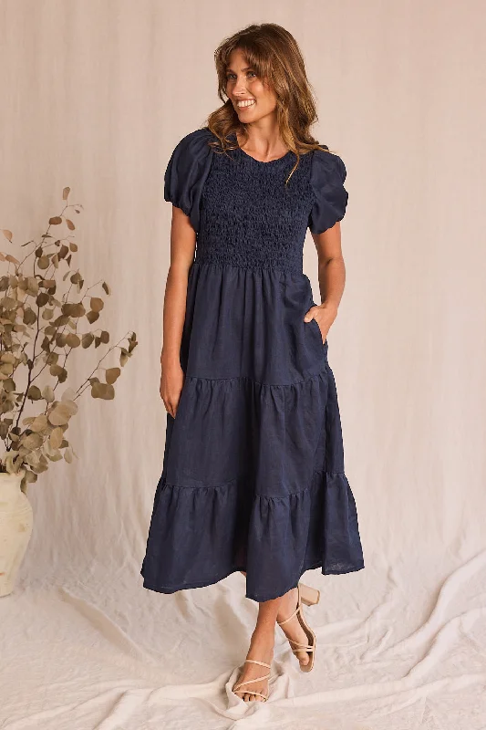 Minden Linen Shirred Short Sleeve Dress in Navy